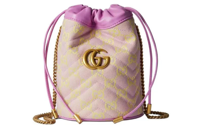 GUCCI Canvas With Leather Binding Bucket Bags Crossbody Bag, Shoulder Bag Extra Mini Women's Light Purple & Yellow