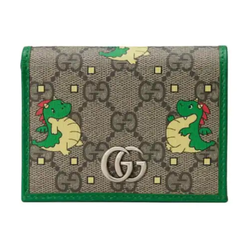GUCCI Chinese New Year Canvas With Leather Card Holder Women's Green & Brown