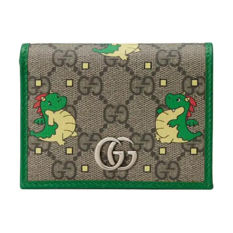 GUCCI Chinese New Year Canvas With Leather Card Holder Women's Green & Brown