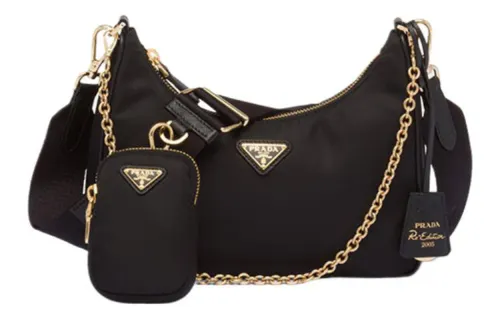 PRADA Re Edition Fabric With Leather Crossbody Bag, Shoulder Bag Women's Black & Gold
