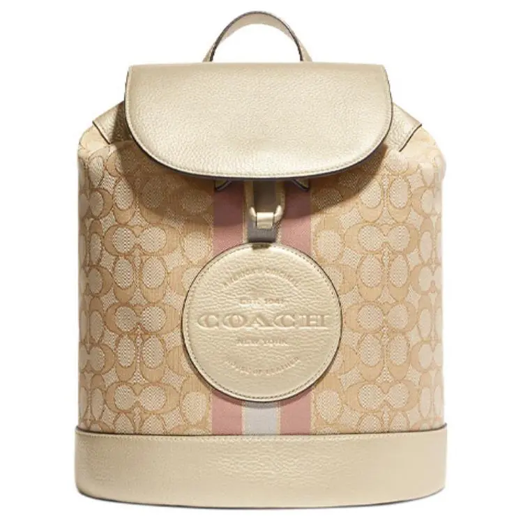 COACH Dempsey Jacquard Fabric With Pebbled Leather And Calfskin Backpack Medium Women's Khaki