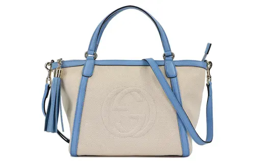 GUCCI Cotton With Leather Tote Bag, Shopping Bag, Shoulder Bag, Crossbody Bag, Handbag Regular Women's Beige/Blue