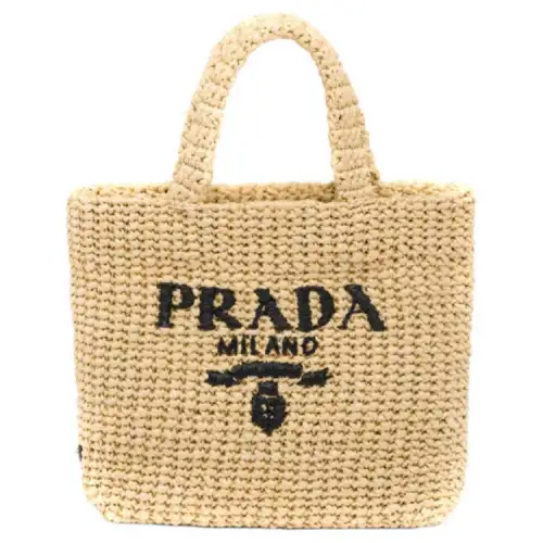 PRADA Raffia Tote Bag Small Tan