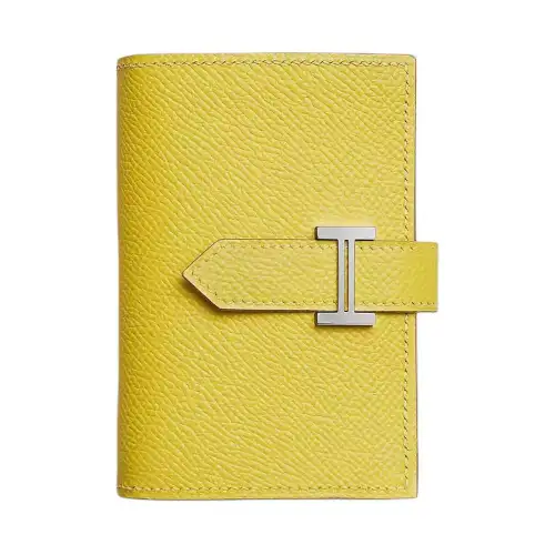 HERMES Bearn Silver Tone Buckle Epsom Calfskin Wallet Mini Women's 9R Lime Lemon
