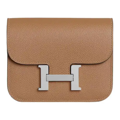 HERMES Constance Slim Silver Tone Buckle Evercolor Leather Card Holder, Coin Purse, Fanny Pack Women's Milk Tea/Lemon