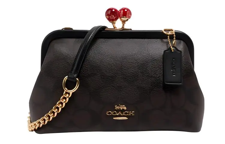 COACH Kisslock Coated Canvas With Leather Locking Kiss Bag, Portable Crossbody Bag, Shoulder Bag Women's Brown Black
