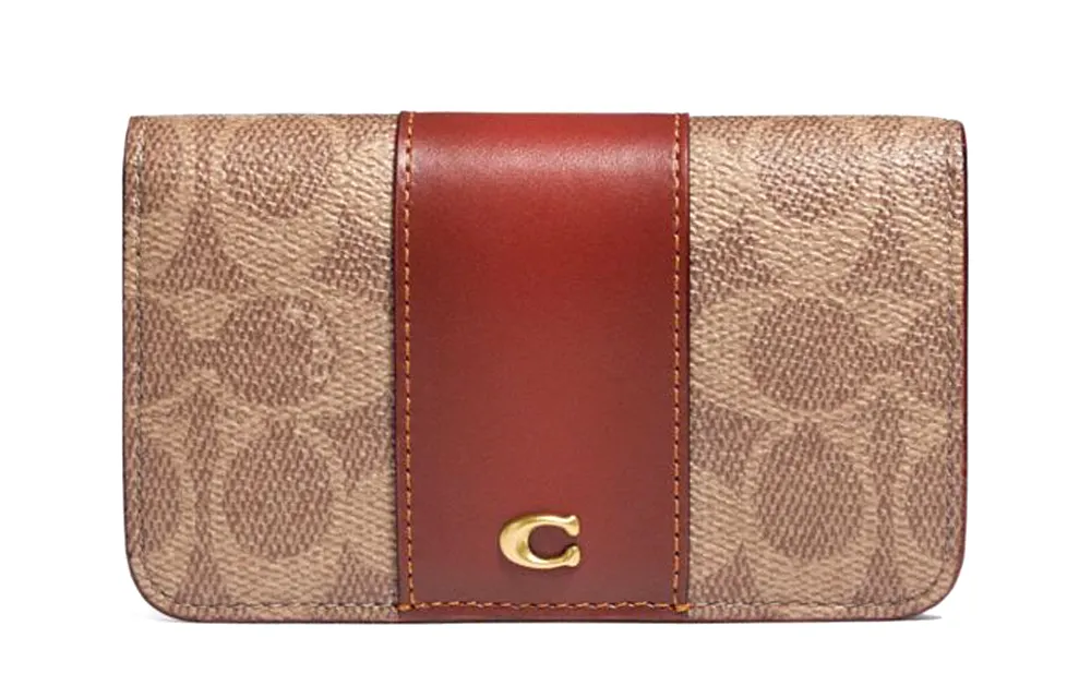 COACH Card Case Coated Canvas With Leather Wallets Women's Brown Yellow Rusty