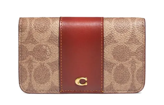 COACH Card Case Coated Canvas With Leather Wallet Women's Brown Yellow Rusty