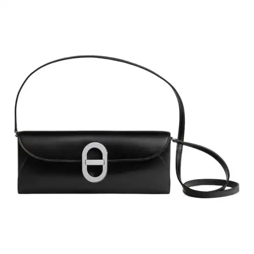 HERMES Maillon To Go Silver Tone Buckle Tadelakt Leather Wallet, Shoulder Bag, Crossbody Bag Women's 89 Noir Black