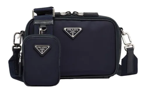 PRADA Re Nylon And Saffiano Leather Removable Pouch Shoulder Bag Navy