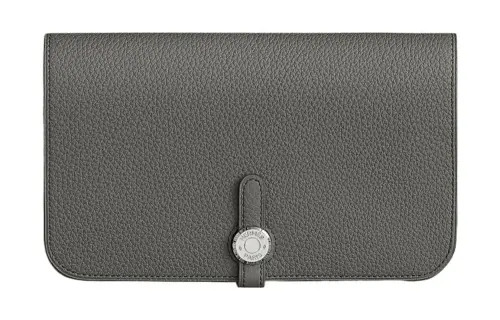 HERMES Dogon Duo Silver Tone Buckle Togo Calfskin Wallet Unisex Gray