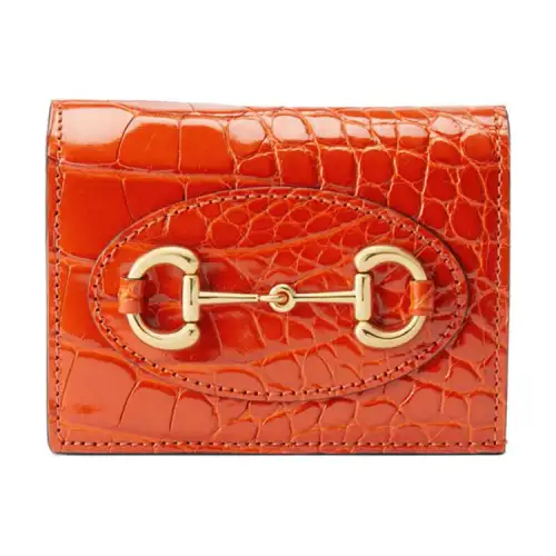 GUCCI Horsebit Crocodile Leather Wallet Women's Orange