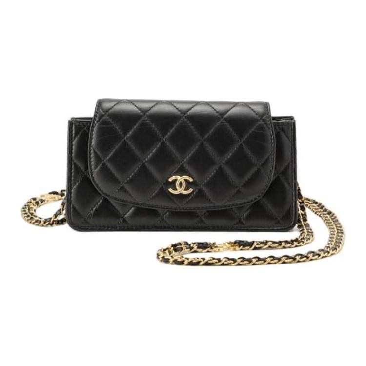 CHANEL 22K Autumn And Winter Sheepskin Flap Bag One Shoulder Crossbody Cell Phone Pouch Small Women's Black