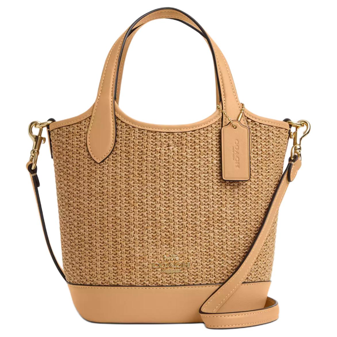 COACH Hanna Straw With Smooth Leather Bucket Bag, Shoulder Bag, Crossbody Bag Small Women's Multiple Latte