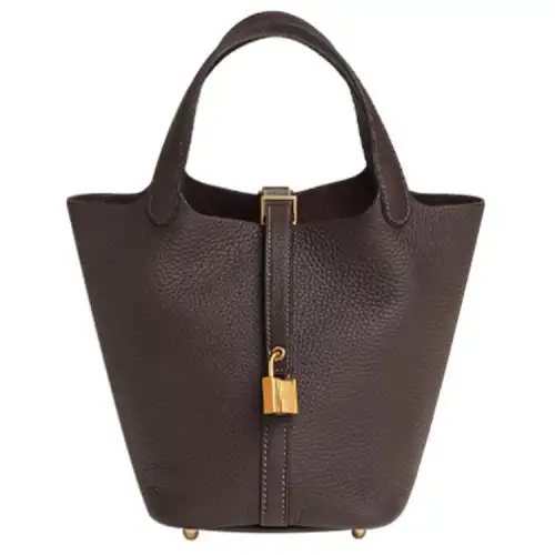 HERMES Picotin Lock Clemence Bullock Leather Basket Bag, Bucket Bag, Handbag 18 Women's 3S Macassar Ebony Color