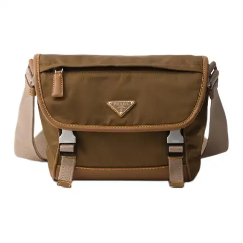 PRADA Recycled Nylon With Leather Crossbody Bag, Shoulder Bag Men's Cork Beige