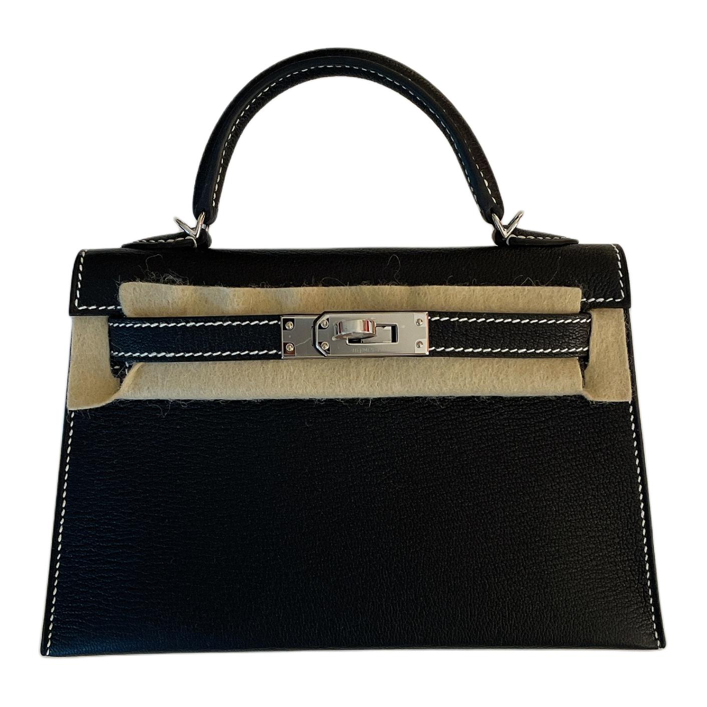 HERMES Hermès Mini Kelly second generation so customized silver buckle white reverse wiring lining with pearl gray goatskin Kelly handbag women's black