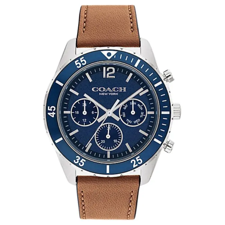 COACH Wrist Watches Quartz Movement Leather Strap 44mm Blue Dial Unisex 30m Water Resistant