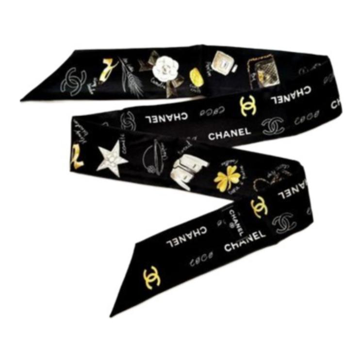 CHANEL Silk Scarves Unisex Black