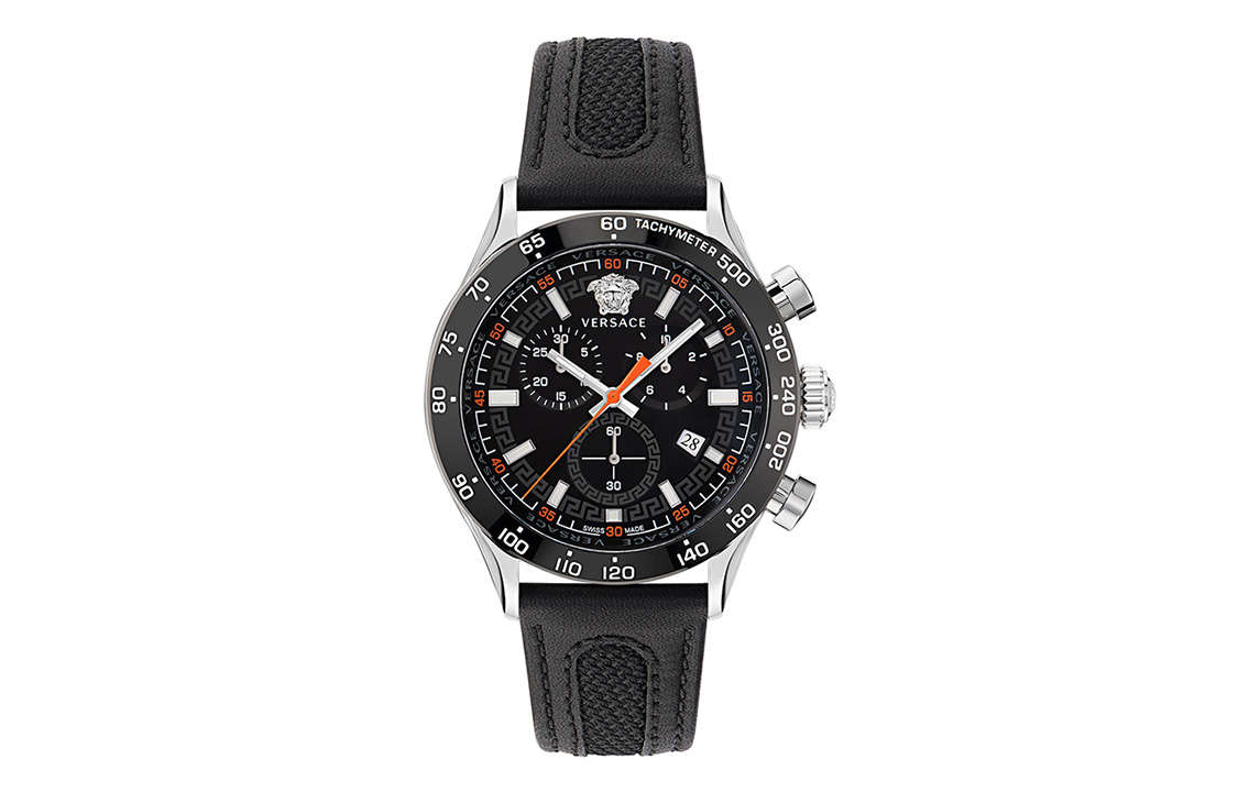 VERSACE Versace, black quartz dial, universal fashionable leather men's watch for leisure, quartz mechanism, three-eye chronograph, light luxury style