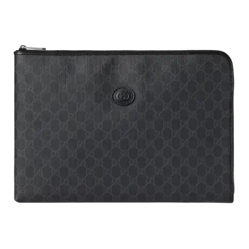 GUCCI Canvas With Leather Clutch Briefcase Medium Unisex Black