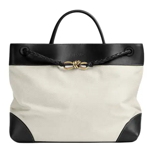 Bottega Veneta Andiamo Leather Paneled Canvas Shoulder Bag, Crossbody Bag, Handbag Large Women's Natural & Black
