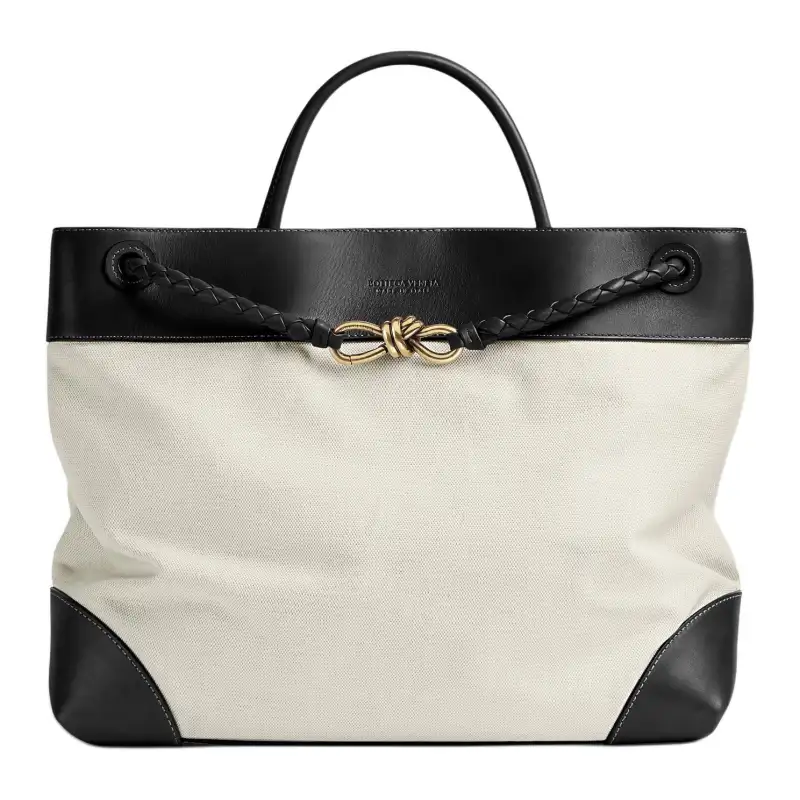 Bottega Veneta Andiamo Leather Paneled Canvas Shoulder Bag, Crossbody Bag, Handbag Large Women's Natural & Black