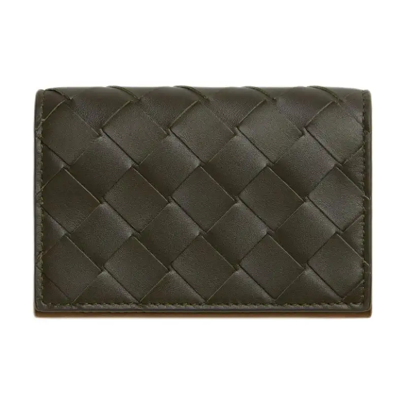 Bottega Veneta Intrecciato Cow Leather Card Holder Men's Khaki & Dark Chestnut Brown