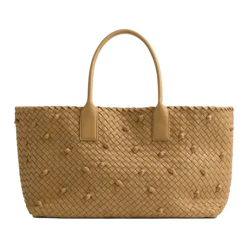 Bottega Veneta Intreccio Leather With Lambskin Tote Bag, Shopping Bag, Handbag Medium Women's Brown