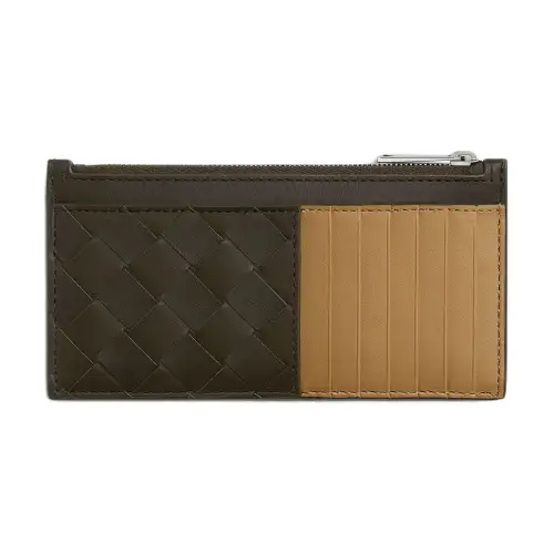 Bottega Veneta Intrecciato Calfskin Card Holder Men's Khaki & Dark Chestnut Brown