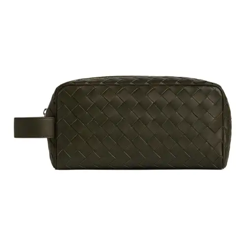 Bottega Veneta Cow Leather Clutch Travel Bag Men's Khaki & Dark Chestnut Brown