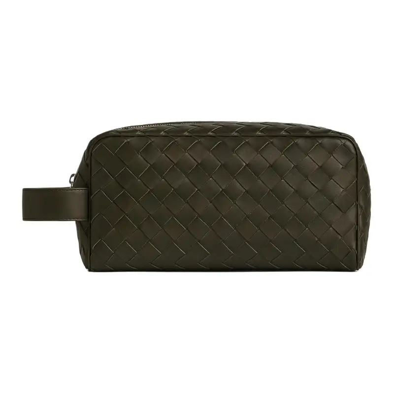 Bottega Veneta Cow Leather Clutch Travel Bag Men's Khaki & Dark Chestnut Brown