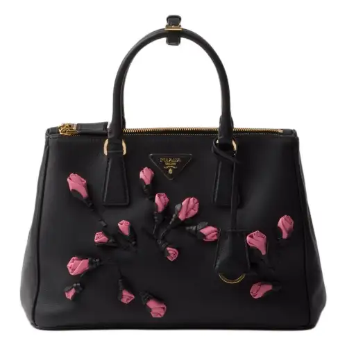 PRADA Leather Shoulder Bag, Crossbody Bag, Handbag Large Women's Black & Geranium