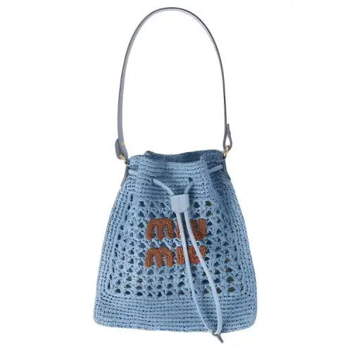 MIU MIU Woven Fabric With Leather Bucket Bag, One Shoulder Handbag Mini Women's Blue