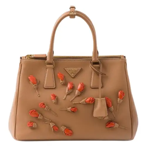 PRADA Galleria Leather Crossbody Handbag Large Women's Natural & Orange