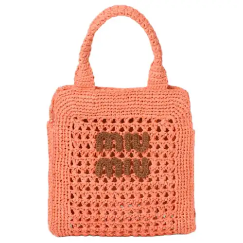 MIU MIU Miu Miu letter logo raffia fiber texture crochet fabric Tote bag Tote bag shopping bag handbag women's tulip yellow with cognac color