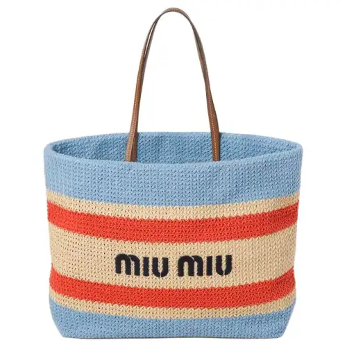 MIU MIU Raffia Tote Bag, Shopping Bag, Shoulder Bag, Handbag Women's Tawny & Light Blue