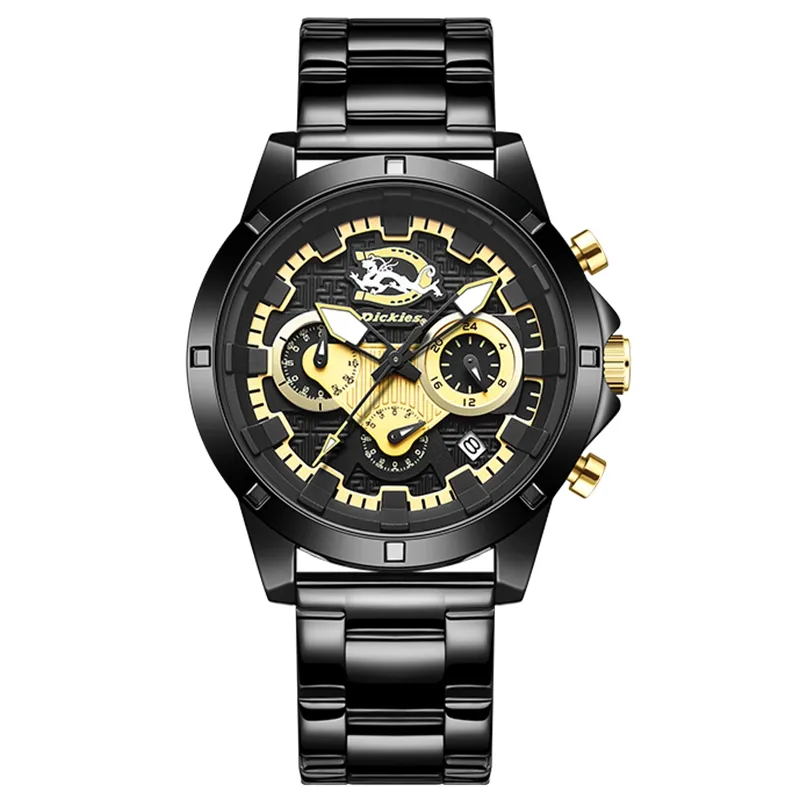 Dickies European/US Watches, Multifunction Mechanical Style Quartz Movement Steel Strap Black Dial Unisex