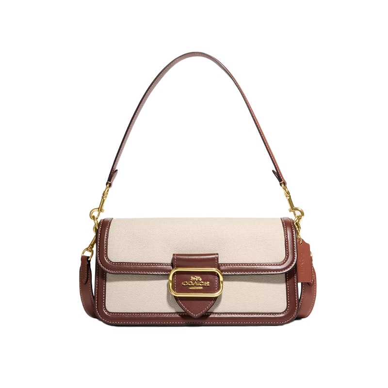 COACH Morgan Canvas With Refined Calfskin Handbag, Shoulder Bag Medium Women's Gold & Natural Multicolor