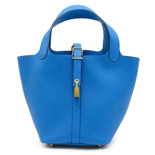 HERMES Picotin Lock Clemence Bullock Leather Basket Bag, Bucket Bag, Handbag 18 Women's I7 Bleu Zellige Mosaics Blue