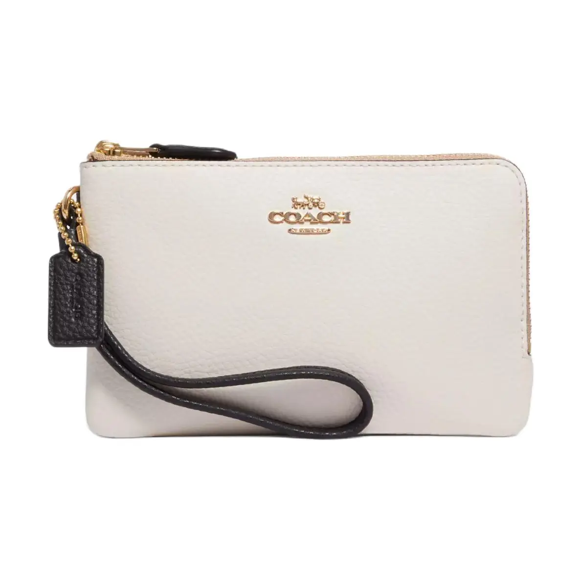 COACH Double Zip Wallet Polished Pebbled Leather Clutch Wrist Bag Small Women's White