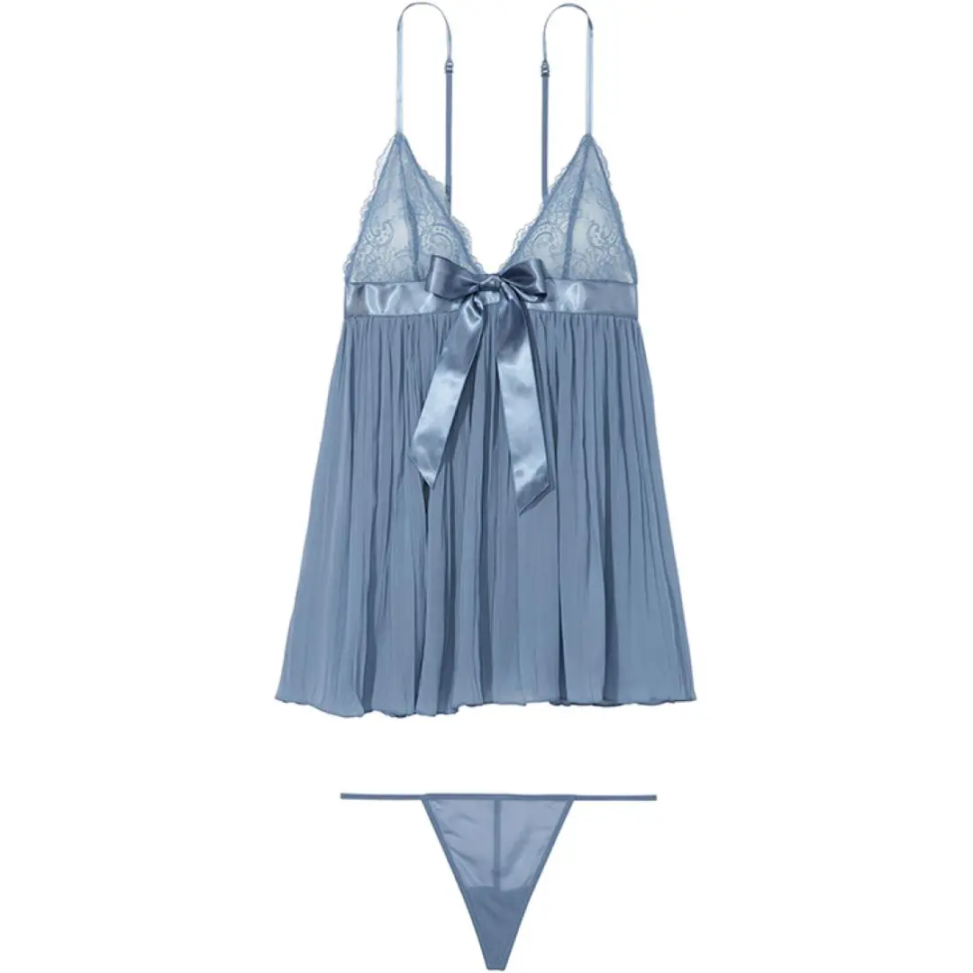 Victoria's Secret VERY SEXY Pleated Babydoll Set Underwear Pajama Set Women's Denim Blue