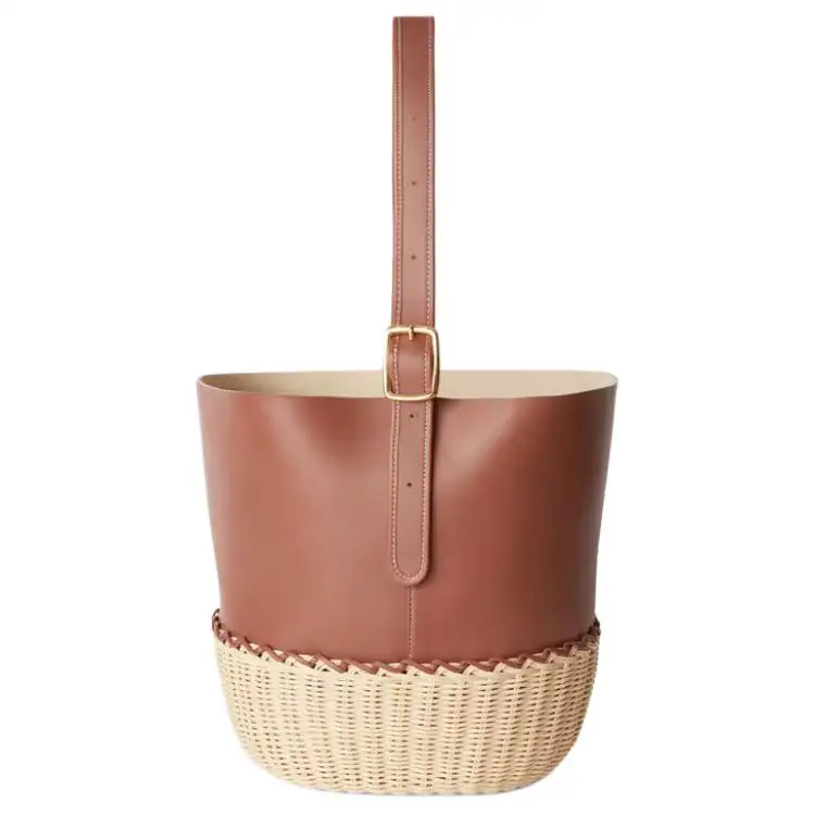 Loro Piana Soft Calfskin With Natural Wicker Bucket Bag Handbag, Shoulder Bag Women's Malt Blend With Caramel