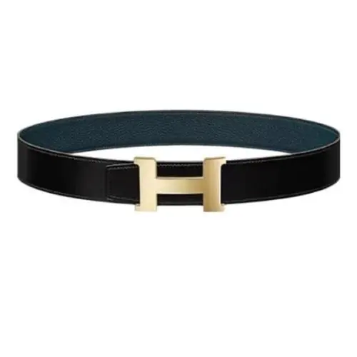 HERMES Logo Styling, Smooth Buckle Genuine Leather Belts Men's Black/Blue Width 3.2CM