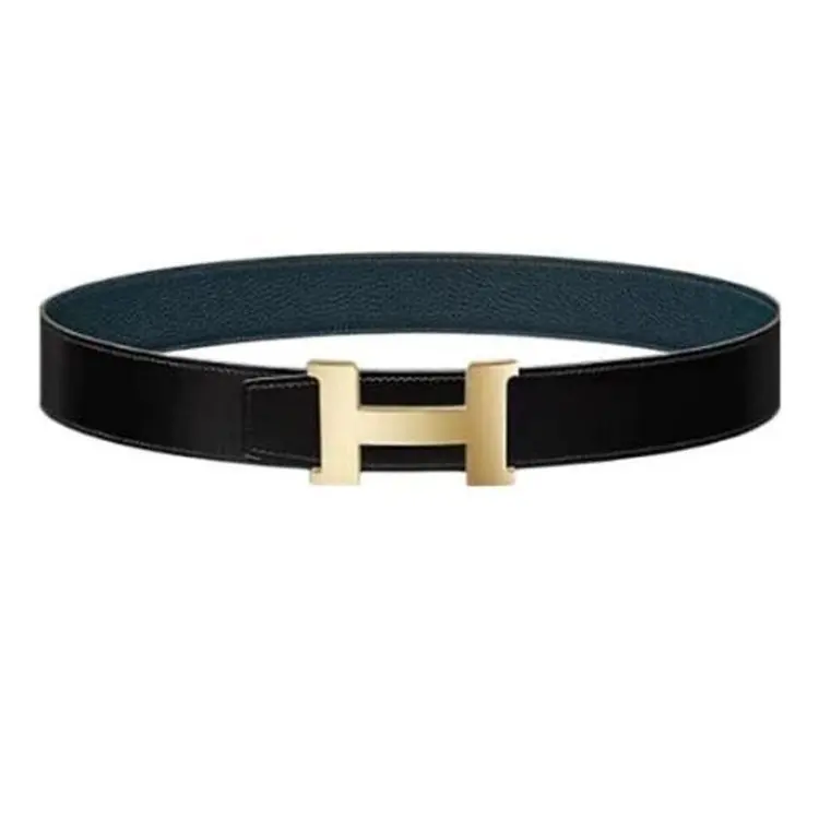 HERMES Logo Styling, Smooth Buckle Genuine Leather Belts Men's Black/Blue Width 3.2CM