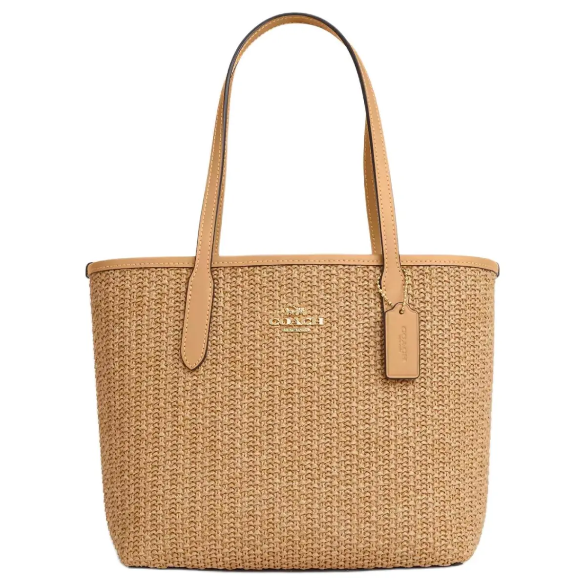 COACH City Straw With Smooth Leather Tote Bag, Shopping Bag, One Shoulder Handbag Medium Women's Latte