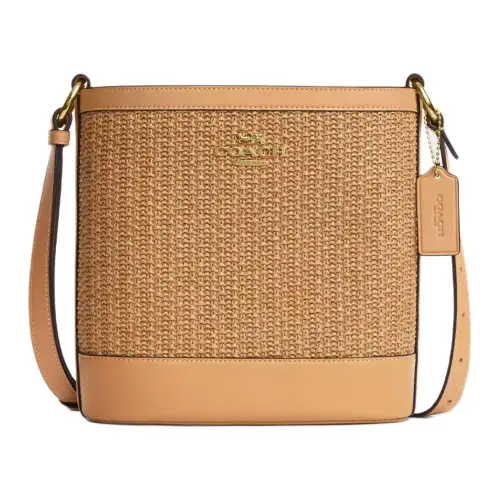 COACH Straw With Smooth Leather Bucket Bag, Shoulder Bag, Crossbody Bag Small Women's Latte Multicolor