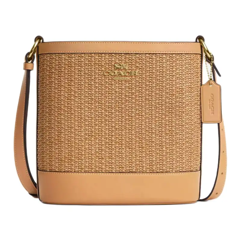 COACH Straw With Smooth Leather Bucket Bag, Shoulder Bag, Crossbody Bag Small Women's Latte Multicolor