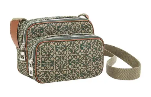 LOEWE Zip Closure Canvas With Leather Shoulder Bag Unisex Khaki