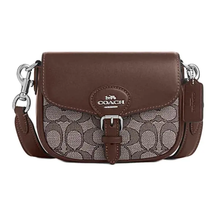 COACH Amelia Leather With Signature Jacquard Fabric Shoulder Bag, Crossbody Bag Small Unisex Oak & Maple Brown